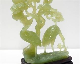 Carved Jade Crane Sculpture With Wood Base, 10.5" Tall