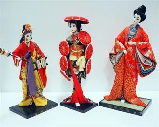 Japanese Geisha Dolls With Painted Faces, On Wood Bases Qty 3, Tallest Measures 18"