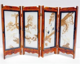 Oriental Carved Cork With Feathered Birds In A 4-Panel Folding Screen With Glass Panes, 14.5" High x 24" Wide
