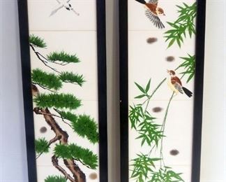 Framed Oriental Hand Painted Ceramic Tiles With Bird Themes, Qty 2, 25.5" Tall x 7.25" Wide