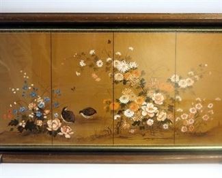 Framed, Under Glass, 4-Panel Floral Painting With Birds 17" High X 31" Wide