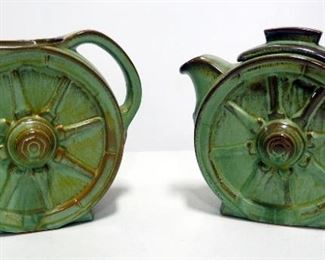 Frankoma Prairie Green Wagon Wheel Assortment Including Teapots Qty. 2 Marked "94Y" & "94T", Pitchers Qty. 2, One Marked "94D" And The Other Unmarked
