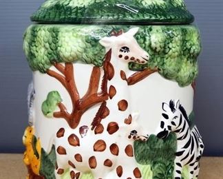 High Relief Safari Animal Ceramic Cookie Jar, 12" High, Glass Tumbler And Plastic Spoon Straws