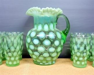 Green Coinspot Glass Tumblers (Qty 8) And Matching Ripple Glass Pitcher