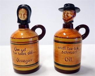Pennsbury Pottery Oil And Vinegar Jug Set, Set Reads "Vee Get Too Soon Old...(Vinegar), ...Undt Too Late Schmart (Oil)"