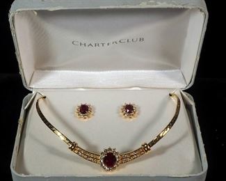 Charter Club Gold Toned Necklace And Earring Set With Red Center Stones Surrounded By Clear Stones
