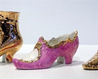 Three Ceramic Decorative Shoes With Gilt Trims, 2.25" Tall And 4.25" Tall