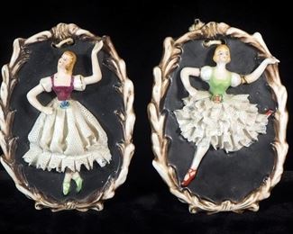 Pair Of Hand Painted Ceramic Wall Hangings With Dimensional Ballerinas, Made In Occupied Japan, 5.75" High