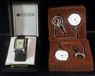 Two Silver Toned Classic Pocket Watches In Boxes And Mens Citizen Wrist Watch With Leather Band In Box