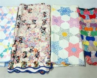 Three Quilts, 6-Pointed Star Pattern, One 6-Pointed Star With Hexagon Center, And Floral, Some Wear, Quilt Top