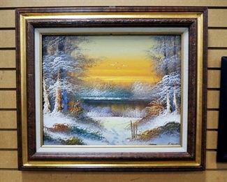 R Adams Original Oil On Canvas, Depicting Pond And Trees in Winter, Framed, 27" Wide x 23.5" Tall