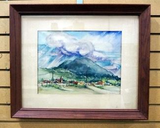 M. Lerma Original Watercolor Of Mountain And Village Scene, Framed Matted Under Glass, 22.5" Wide x 18.5" High