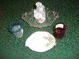 Lalique nude w/Goose under arm, Cambridge Elegant pattern, 2 toothpick holders.