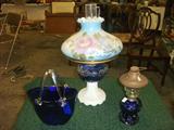 2 Cobalt Oil Lamps, Cobalt basket