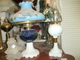 1880'S COAL OIL LAMP W/ AN AUTHENTIC COPY OF THE ORIGINAL SHADE. ALSO AN 1870'S COAL OIL LAMP, AND, WITH RESERVE, AN 1893 FOSTORIA LAMP CO. BANQUET LAMP.