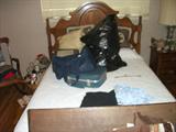 BED TO COMPLETE BR SET. FOOTBOARD IS BLOCKED BY OPEN TOP OF CEDAR CHEST FULL OF TOPS & LINENS.