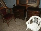 EXTRA NICE OAK CHAIR+ CHILD'S WICKER ROCKER. = PR. NITE STANDS OR END TABLES