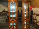 pr. oak bent glass corner china cabinets