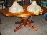 ornately carved DR Table, 2 French shades