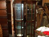 matched pr. flat wall curio diplay cabinets.