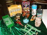 WINDUP COWBOY ON HORSE, DISNET LUNCH BOX & THERMOS + 2 MORE THERMOSES, DANCING CLOWN MUSIC BOX, MARBLE SHOOTING 50'S CANNON, BANK, FARM TOYS, BB'S IN THE BOX,ETC