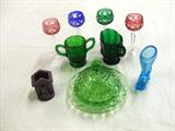 DEP GREEN BUTTER DISH, DOG IN HOUSE TOOTHPICK HOLDER, SHOE TOOTHPICK, WESTMORELAND EMERALD GREEN S&C, SET OF 4 BOHEMIAN CUT GLASS LIQUERS.
