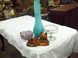 PATCHWORK CAT DOORSTOP, SMITH
LAVENDER HOSTAR BOWL, CUT & ETCHED CRYSTAL FRUIT BOWL, A HUMONGOUS OPALESCENT VASE BELIEVED TO BE FENTON ART GLASS.