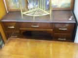 1930'S TYPEWRITER DESK W/ BRASS CORNER SHELF ON TOP