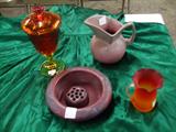 SATIN AMBERINA, VAN BRIGGLE BOWL W/FLOWER FROG, NILOAK PITCHER, AMBERINA CANDY