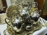 1880'S SILVER PLATE COMPLETE W/SAMOVAR. BOTH POTS, S&C, WASTE BOWL, TRAY.