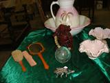 BUG BOTTLE OPENER, CELULOID DRESSER SET, LG. PAPER WEIGHT
BUDDAH, 2 PINK FENTON BOWLS, ENGLISH BOWL & PITCHER W/REGISTRY