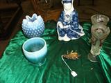 UPSIDE DOWN VIEW OF BUG CHURCH/KEY & BOTTLE OPENER, 2
FENTON BLUE OPALESCENT VASES,
ELEGANT ORIENTAL FIGURE, 2 RED TO CLEAR PCS.