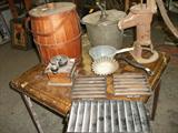 super barrel w/lid, 1906 bread maker (mint!), water pump for kitchen or trough, coffee grinder, grey granite pot, aspic mold, 3 corn stick psns