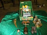 deer raises head, sings, lights cpme on, double horsehead corkscrew, parrot letter opener, signed elephant candle sticks, Bear inkwell, dog cork after opening wine bottle
