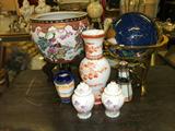 Lg. fishbowl planter, Gem studded world globe, Swedish tall vase, pr. ginger jars, Lighthouse lamp
