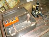 Professional vintage laboratory grade microscope in original wooden box with acessories