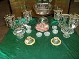 Cambridge candleholders, Pr. Heisey ice creams, salts, Nude licquer set, Cambridge candlelabras w/bobeches, 1880-1890 Pattern Glass fruit bowl