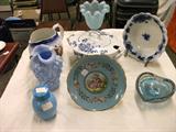 FLOW BLUE, RARE BLUE MILK GLASS, GORGEOUS TURQUOISE ROMANCE SCENE COMPOTE, HAND PAINTED PITCHER W/PEOPLE, IMPERIAL MAJOLICA STYLE VASE