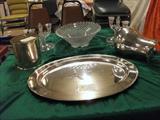 ENGLISH HOBNAIL CONSOLE SET, 4 GOLD RIMMED CHAMPAIGN FLUTES, &
MORE SILVER.