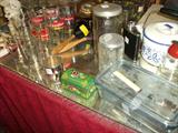 2 hoosier cabinet jars( coffee & something-can't remember), budweiser glass, differant yrs, differant logos