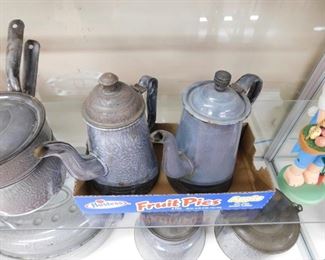 Old Grey Enamelware Teapots