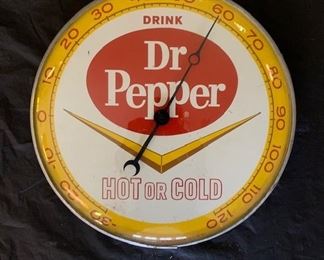 1961 Drink Dr. Pepper "Hot or Cold" Thermometer(12" Diameter/Pam Clock Co.)