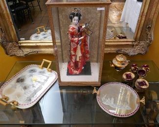 Two Gorgeous Glass/Mirrored Trays by Ercole Barovier, Czech Ruby w/ Gilt Trim Tea set, Nice Geisha Girl Doll in Presentation Case