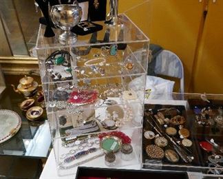 Entire Table of GORGEOUS Jewelry inc. Sterling, Signed Costume, Gold, WATCHES inc. Train Pocket Watches, Signed Mexican Sterling inc. Special Choker by BOLO, Ethnic Pieces, Art Glass, and so much more