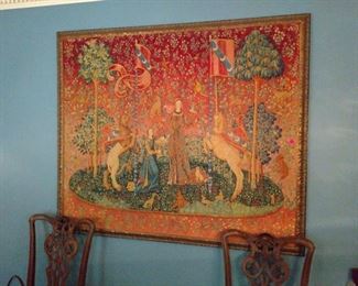 Very fine, french framed tapestry measuring 49" wife by 39" height.  Lady Guenivere with raised lion and unicorn.  Very good condition orginal condition.  Comes with appraisal.  