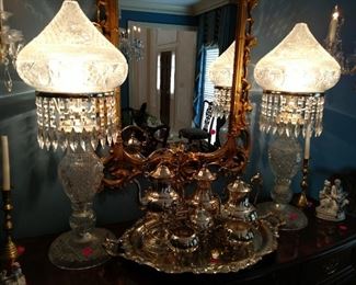 Pair of heavy cut glass crystal lamps