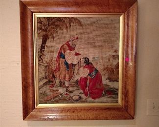 Very Rare and Unusual framed Needlepoint and petitpoint portrait tapestry depicting a 19th century Arabic Huntress being blessed before the hunt.  Comes with certificate of appraisal