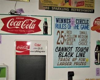 Vintage Wood Carnival signs, Coca Cola thermometer