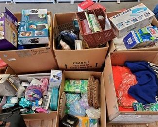 Craft Supplies, Clothes, Blankets, and More
Also includes massage vest, Black & Decker cordless Wet scrubber, Rugstick, wicker organizer, VHS tapes, cleaning supplies and More