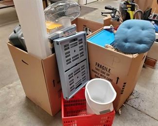 RCA Digital TV Converter, New Trash Bags, Hand Held Vacuum and More
Includes a fan, steam iron, GE am/fm radio, RCA digital Tv converter, heaters, new Trash bags, bathroom trash cans, dirt devil handheld vacuum, decorative pillows, and other misc household items